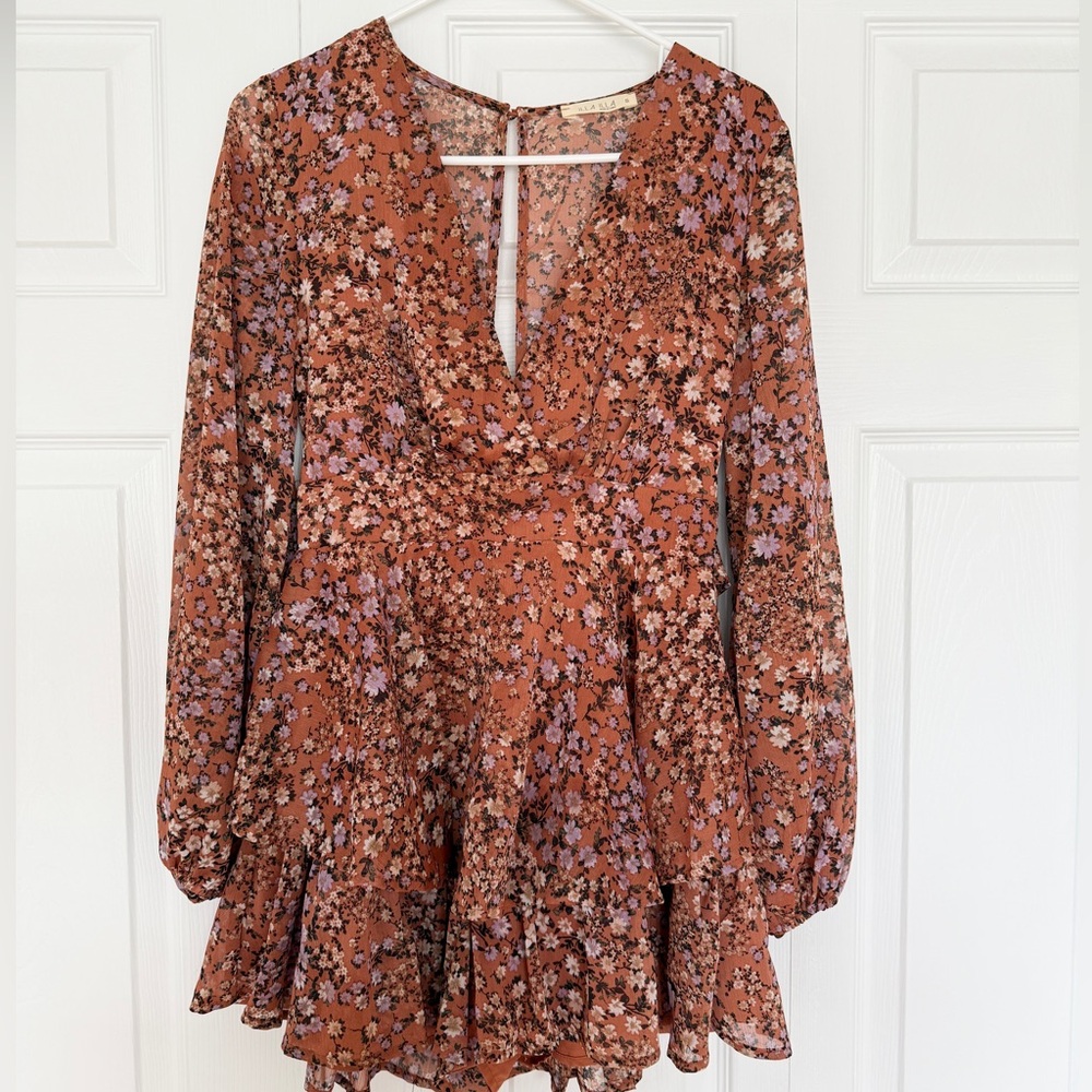 ILLA ILLA Floral Romper Womens Small Boho Long Sleeve Rust Mini Romper